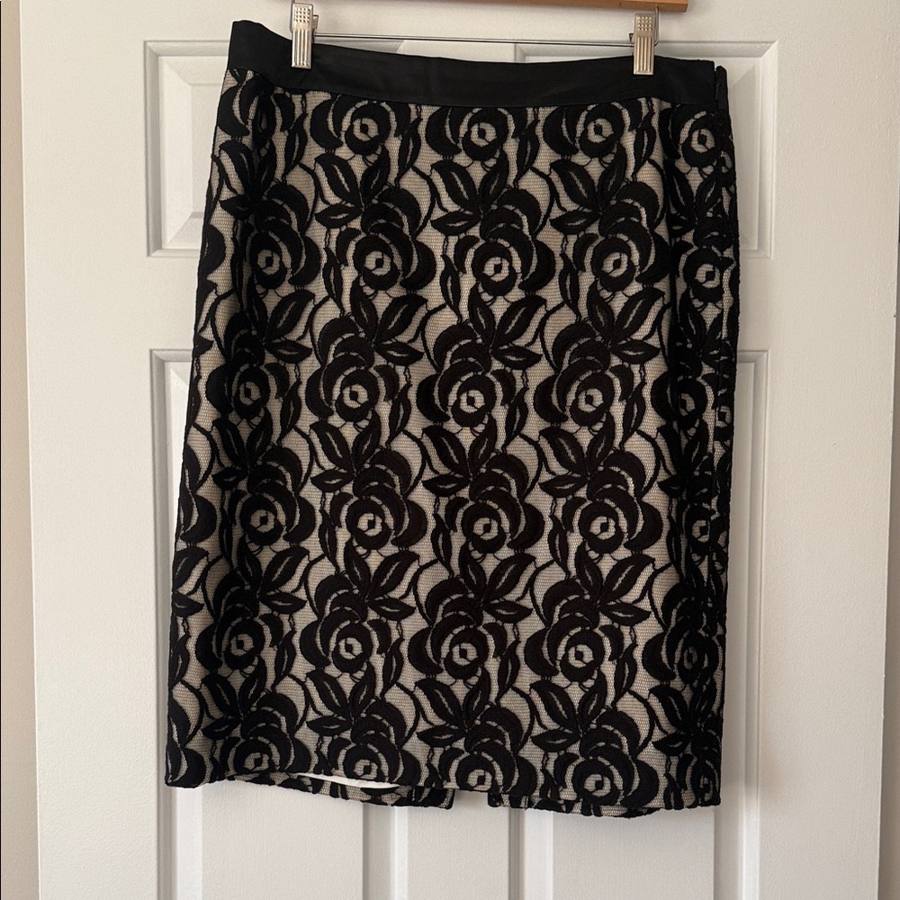Ann Taylor Black Lace Overlay Pencil Skirt on Nude Base